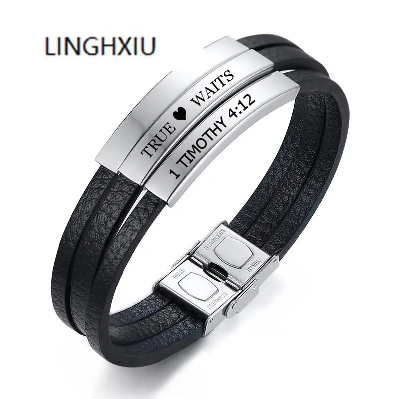 

Custom Men Warp Leather Bracelet Three-layer Wristband Lingxiu Coordinate Scripture Male Gifts
