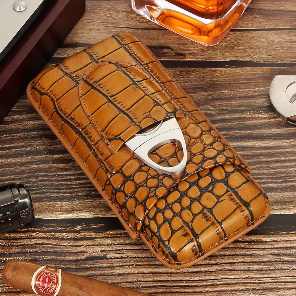 

GALINER Leather Cigar Case Portable Cigar Humidor Travel Humidor Box For 3 COHIBA Cigars W/ Cigar Cutter