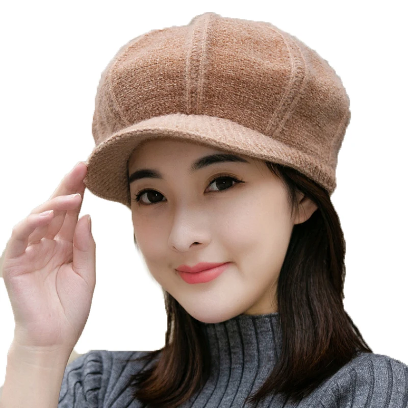 

Autumn Winter Hat Women Solid Knitted Beret Hat Ladies Thick Warm Octagonal Newsboy Cap Berets Women Artist Painter Hat