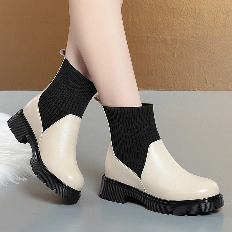 GKTINOO Women Winter Boots Genuine Leather 2022 Fashion Women's Chelsea Boots Stretch Fabric Women's Socks Boots Big Size 35-43