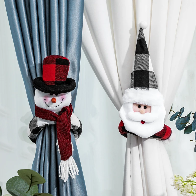 

1 шт. Рождественская клетчатая занавеска пряжка с Санта-Клаусом и снеговиком Рождественское украшение для дома высокое качество