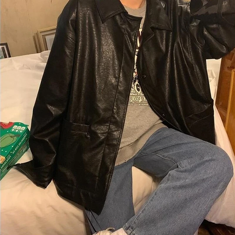 

2021 New Autumn/winter Women Retro Black Leather Jacket Women Korean Thin Loose Biker Jacket Women Fashion Street Wear