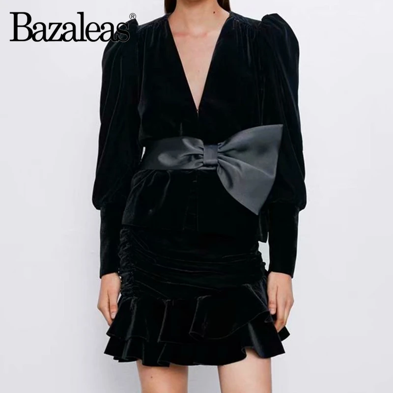 Bazaleas винтажная юбка с оборками женская сексуальная бархатная черная короткая на