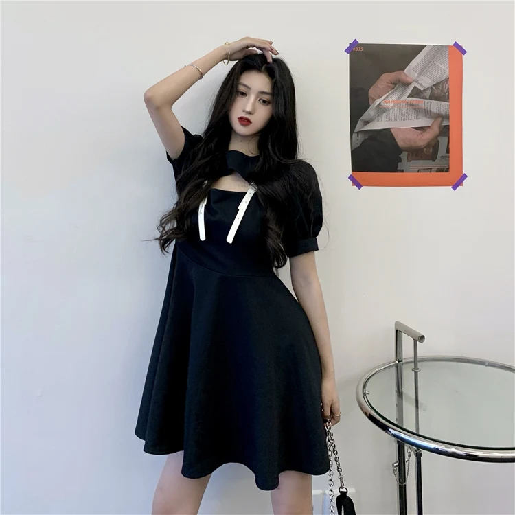 

Summer Black Mini-dresses Hollow Out Women's Clothing Fashion Brand Vintage Style A-line Short Dresses Puff Sleeve Ladies New