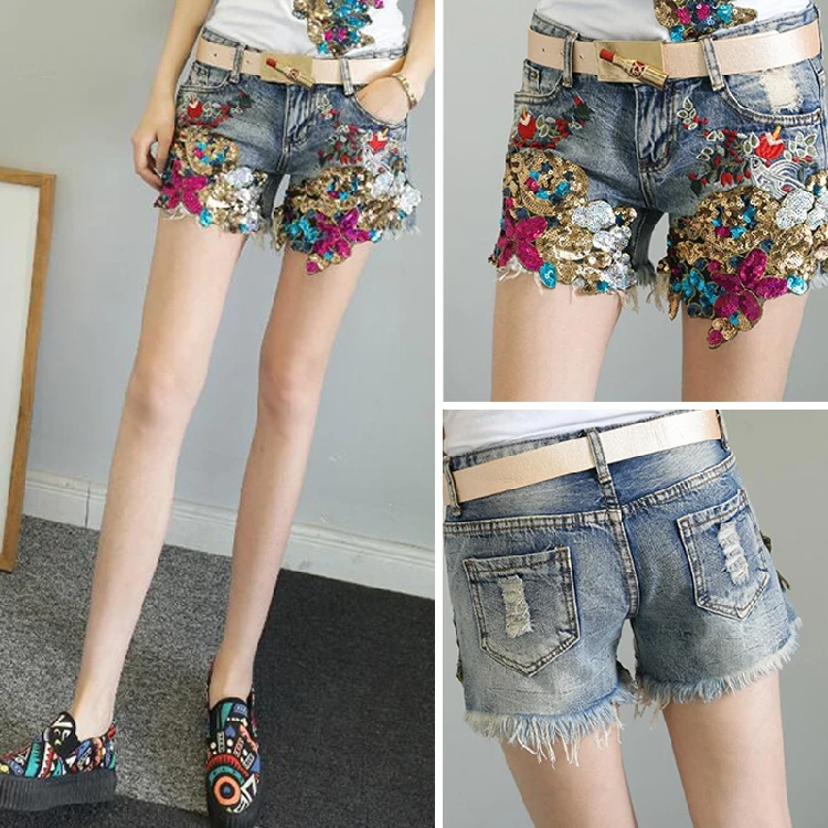 shorts style 1color Осенняя женская джинсовая куртка с вышитыми розами, цветочными бусинами, жемчужинами, пайетками, нашивками с погонами, рваная джинсовая куртка-бомбер - Цвет: shorts style 1color