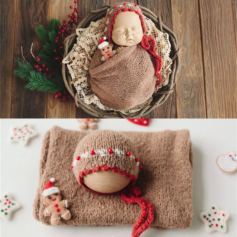 Dvotinst Newborn Baby Photography Props Handmade Christmas Gingerbread Knitted Wraps Hat Background Blanket Photo Shooting Props