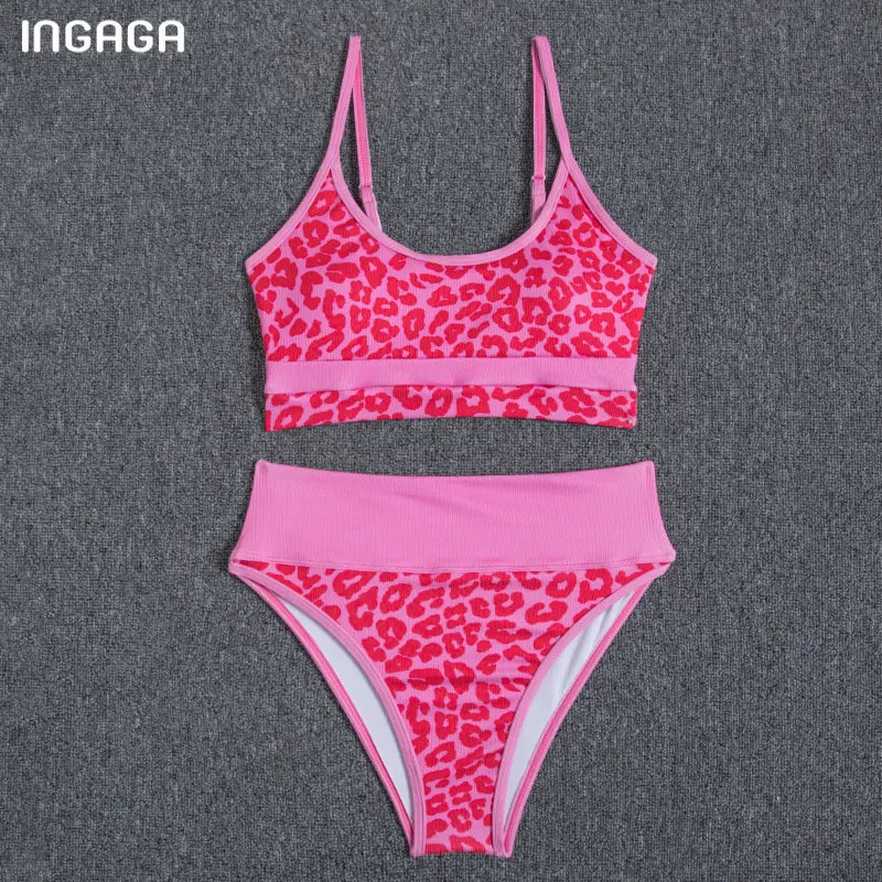 

INGAGA Leopard Bikinis Sexy Women's Swimsuits High Waist Swimwear High Cut Bathing Suit 2021 Patchwork Biquini Ribbed Bikini Set