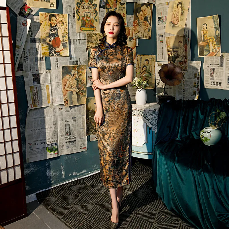 

Женское вечернее платье-Ципао с коротким рукавом и цветочным принтом