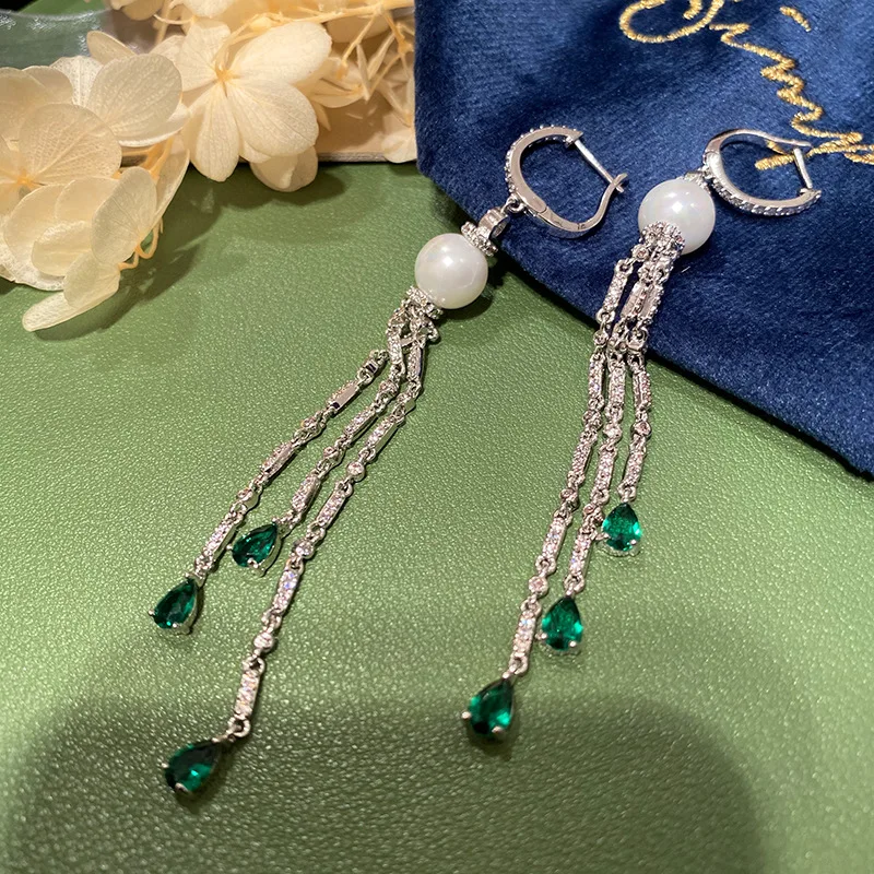 

Bilincolor white pearl and green zircon long tassel earring for women