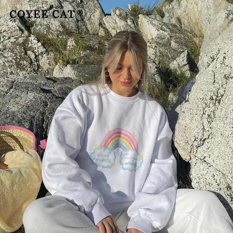 

Женская Повседневная Толстовка Оверсайз CoyeeCat, белый Хлопковый Свободный пуловер с радужным принтом, уличная одежда для осени и зимы