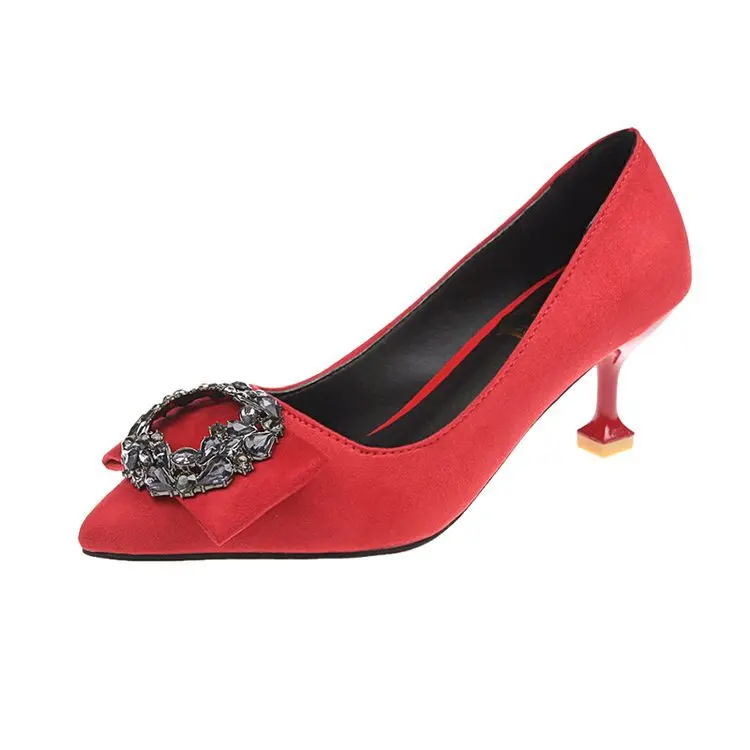 

Shallow Mouth Pointed Suede Shoes Women's Cat With High Heel Shoes Thin Heeled Metal Square Buckle WOMEN'S Shoes 0329