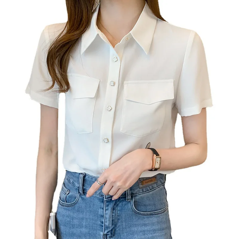 

Houthion Chiffon Loose Women's Blouses Fashion Short Sleeve Top New Casual Blouse Solid Color Pocket Buttons Polo Shirt Summer