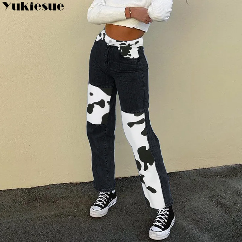 Женские джинсы женские брюки с высокой талией для женщин принтом коровы бананами