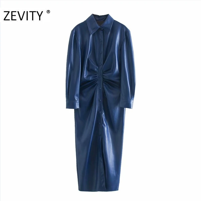 Женское однобортное Плиссированное Платье рубашка ZEVITY офисное платье из