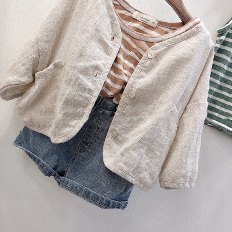 Kids Boys Girls Cotton Linen Solid Polka Dot Cardigan Korea Style Loose Casual Autumn/spring Outwear Coat | Детская одежда и обувь