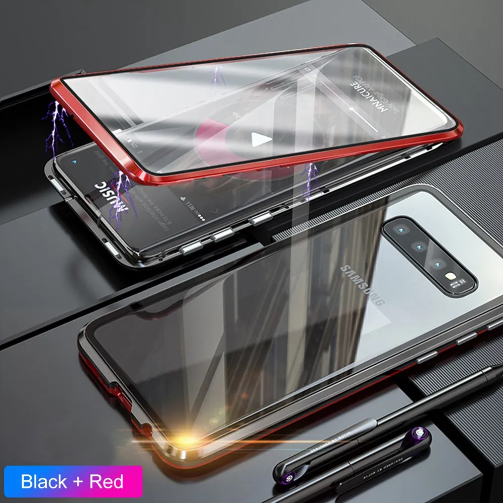 360 полностью металлический флип-чехол для samsung Galaxy S10E, Магнитный чехол, переднее и заднее закаленное стекло, samsung S10E Galaxy ys10e, чехол - Цвет: Black Red  2 Glass