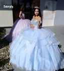 Светильник-голубое платье принцессы Quinceanera 2022 с открытыми плечами кружевное Тюлевое милое платье 16 элегантное вечернее платье для выпускного вечера женское