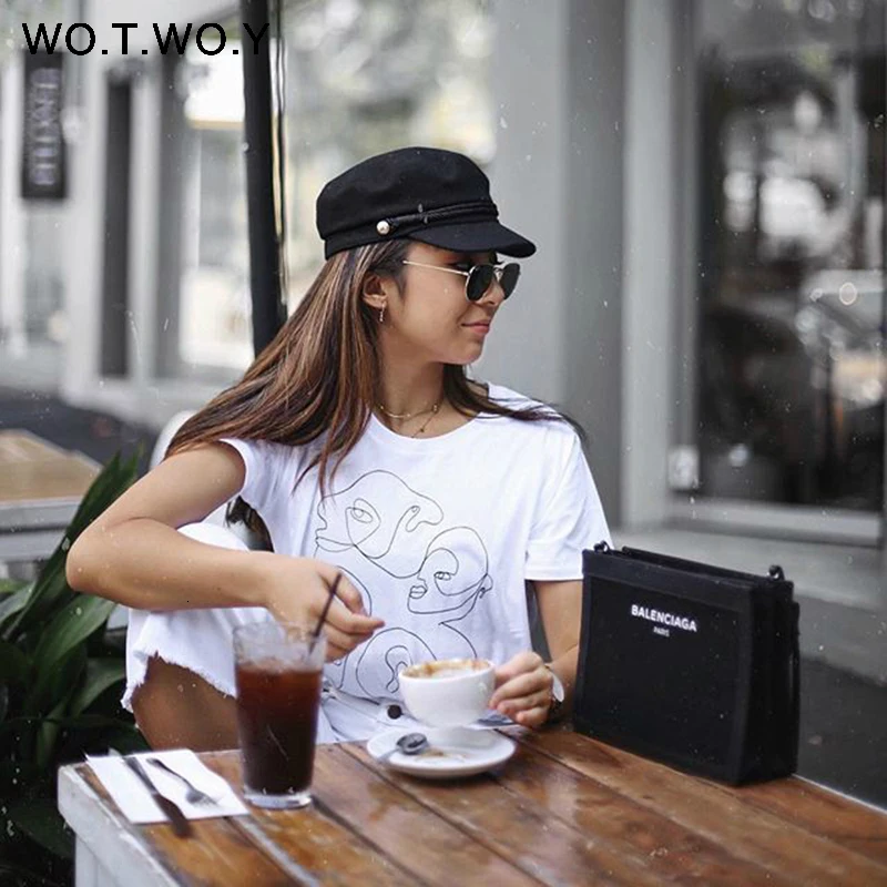 WOTWOY абстрактная летняя футболка для пары, женская футболка, повседневные топы с принтом, Женская свободная хлопковая футболка с коротким рукавом, Женская Harajuku белая