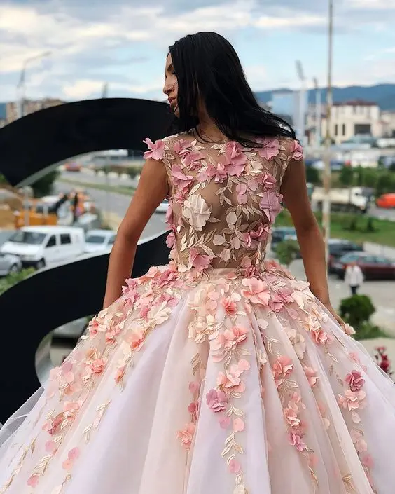 Latest Collection Floral Prom Dresses Sheer Ball Gown Round Neck Blush Long Evening Party Gala Girls Wear vestidos bonitos 2020 | Свадьбы и