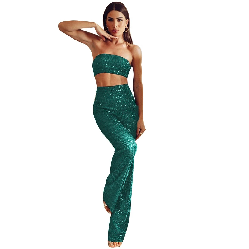 

Women's Pantsuits With Solid Color Sequins, midriff, back-and-bust