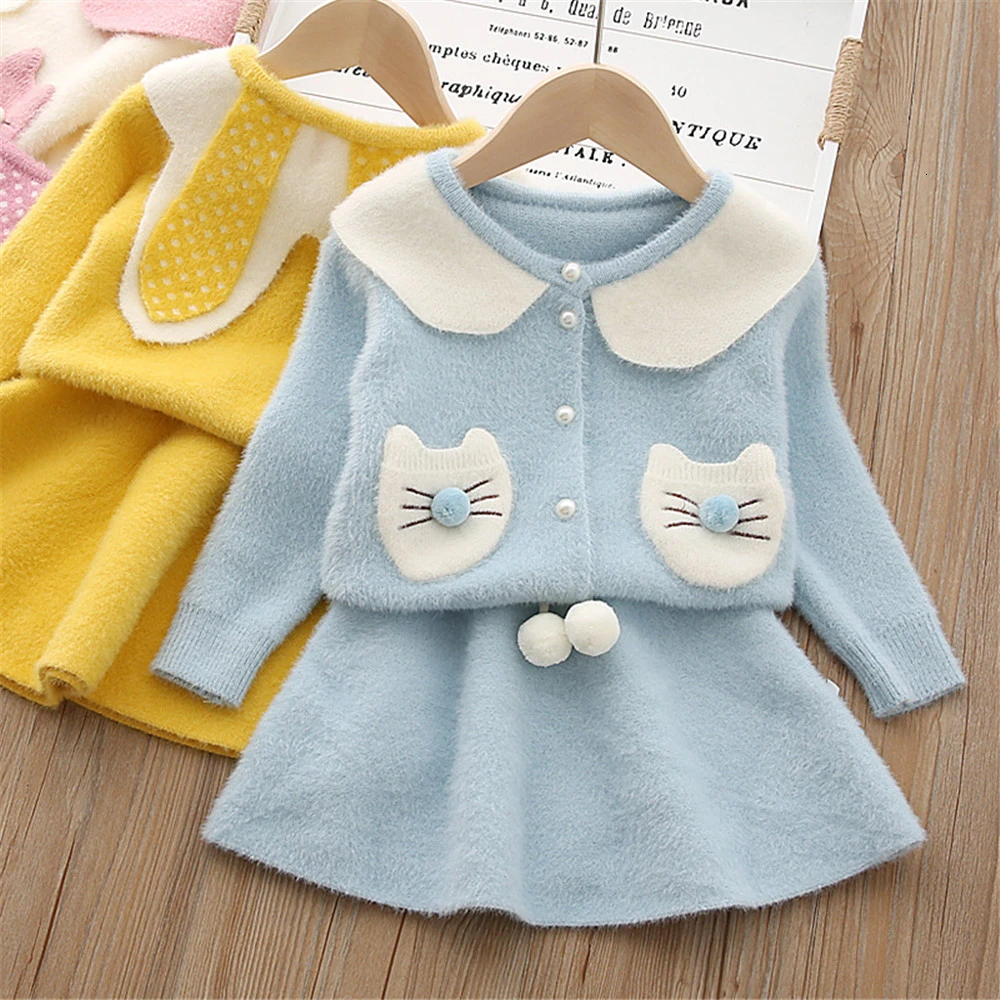 Новинка детский трикотажный свитер и юбка милая кошачья осенняя одежда для