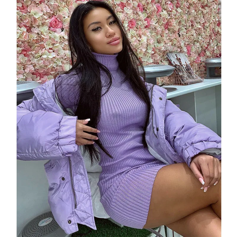 

2020 New Womens Autumn Spring Long-sleeved Dress Fashion Solid Color Turtleneck Knitted Skinny Slim Short Dress All-match Dress