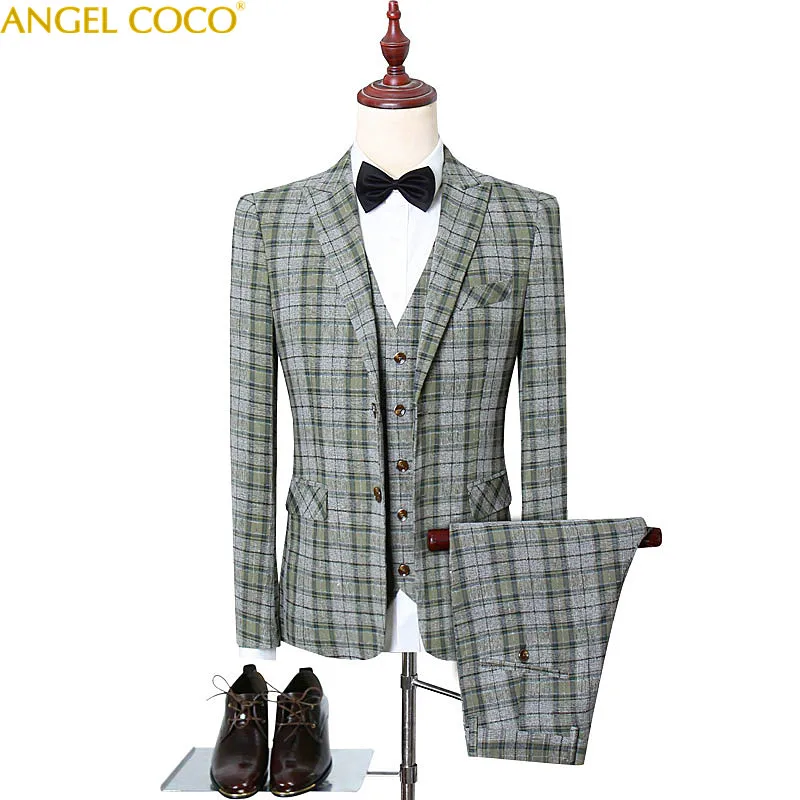 

Fashion Suit Men Plaid 3 Pieces Set Latest Classic Coat Pant Designs Wedding Stage Singer Men Suits Slim Fit Costume Male jacket