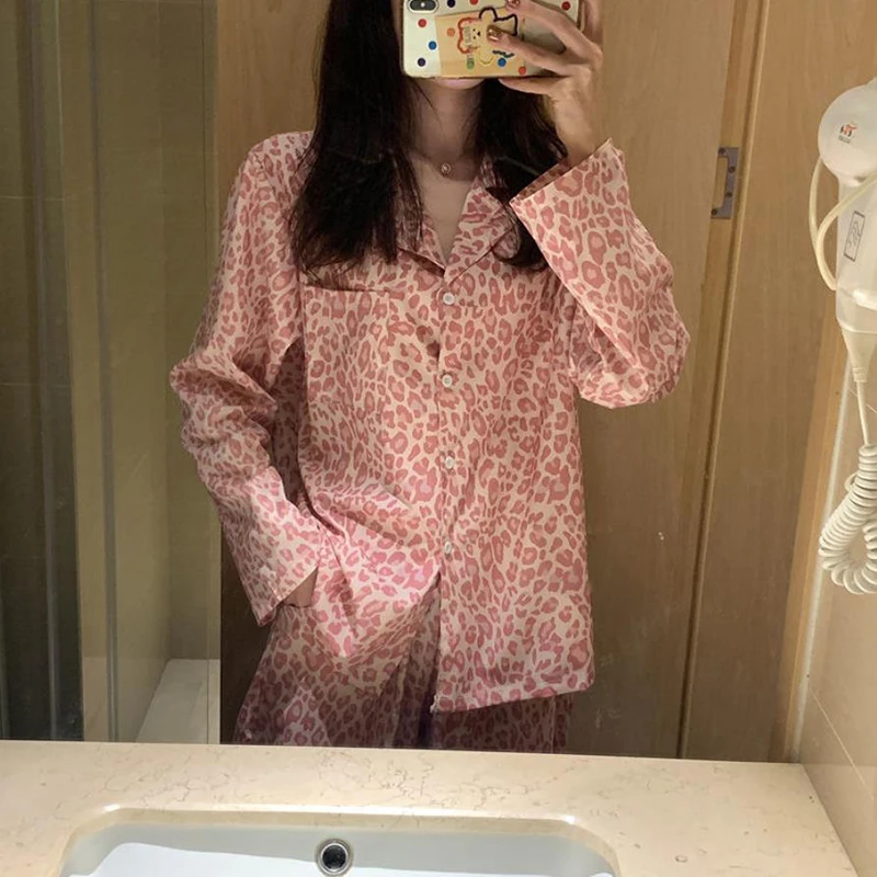 

Silk Pajamas for Women Cute Leopard Home Clothes for Women Sleepwear Nightie Women's Clothing Spring Summer 2020 Pyjama Femme