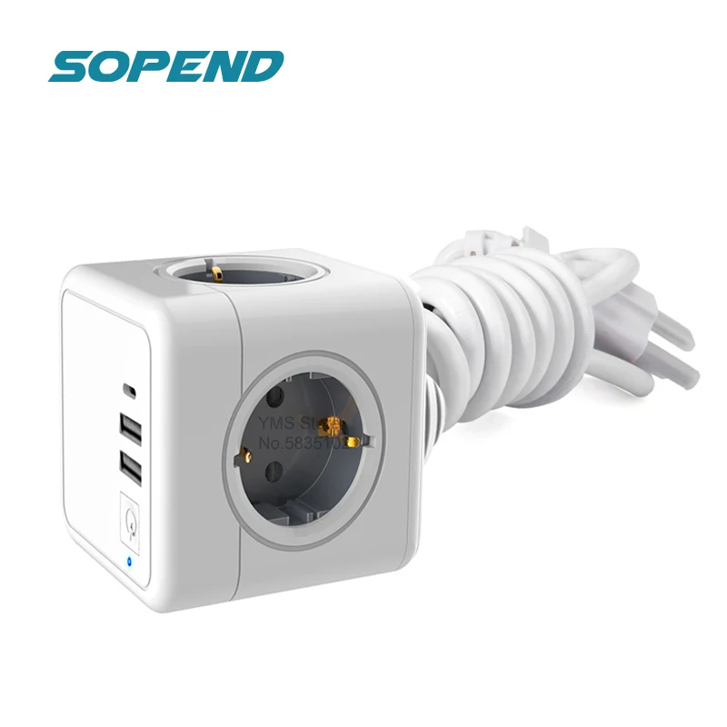

Sopend PowerCube Socket Power Strip EU Plug Wall with 4 Outlets 2 USB One Switch Type C Ports 1.5m Extension Cable Multi Charger