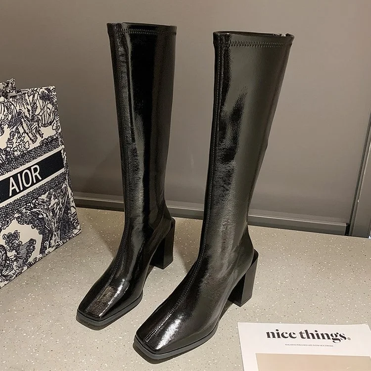 Женские лакированные кожаные сапоги до колена новинка зимы 2021 теплые высокие на