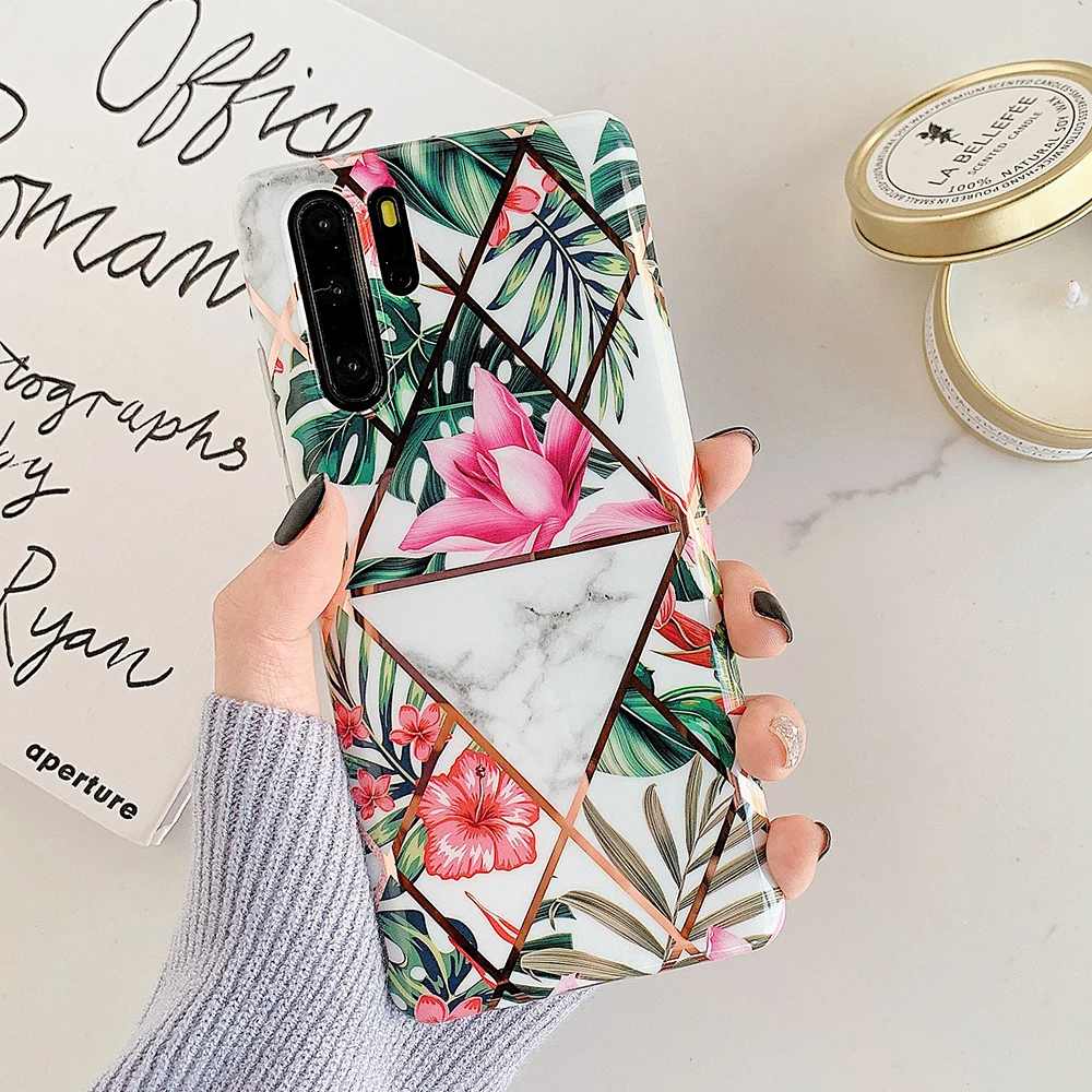 

Vintage Flower Leaf Phone Case For Huawei Mate 30 Pro P30 P20 Mate 20 Pro Lite Soft IMD Geometric Glossy Back Cover Women Gift