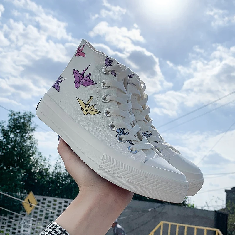

Vulcanized shoes woman mixed colors casual discoloration shoes flats women breathable high top shoes zapatillas mujer U12-03