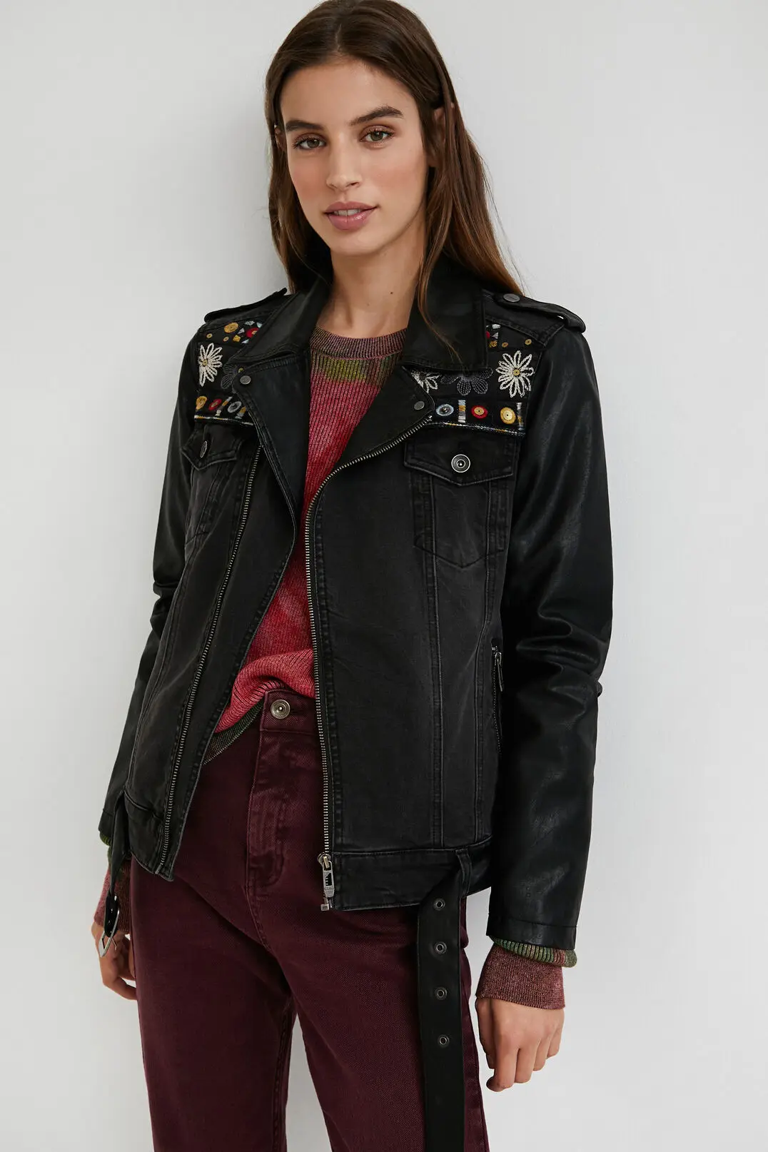 

desigual spain Women's fashion coat Sandwashed embroidered stitching denim coat
