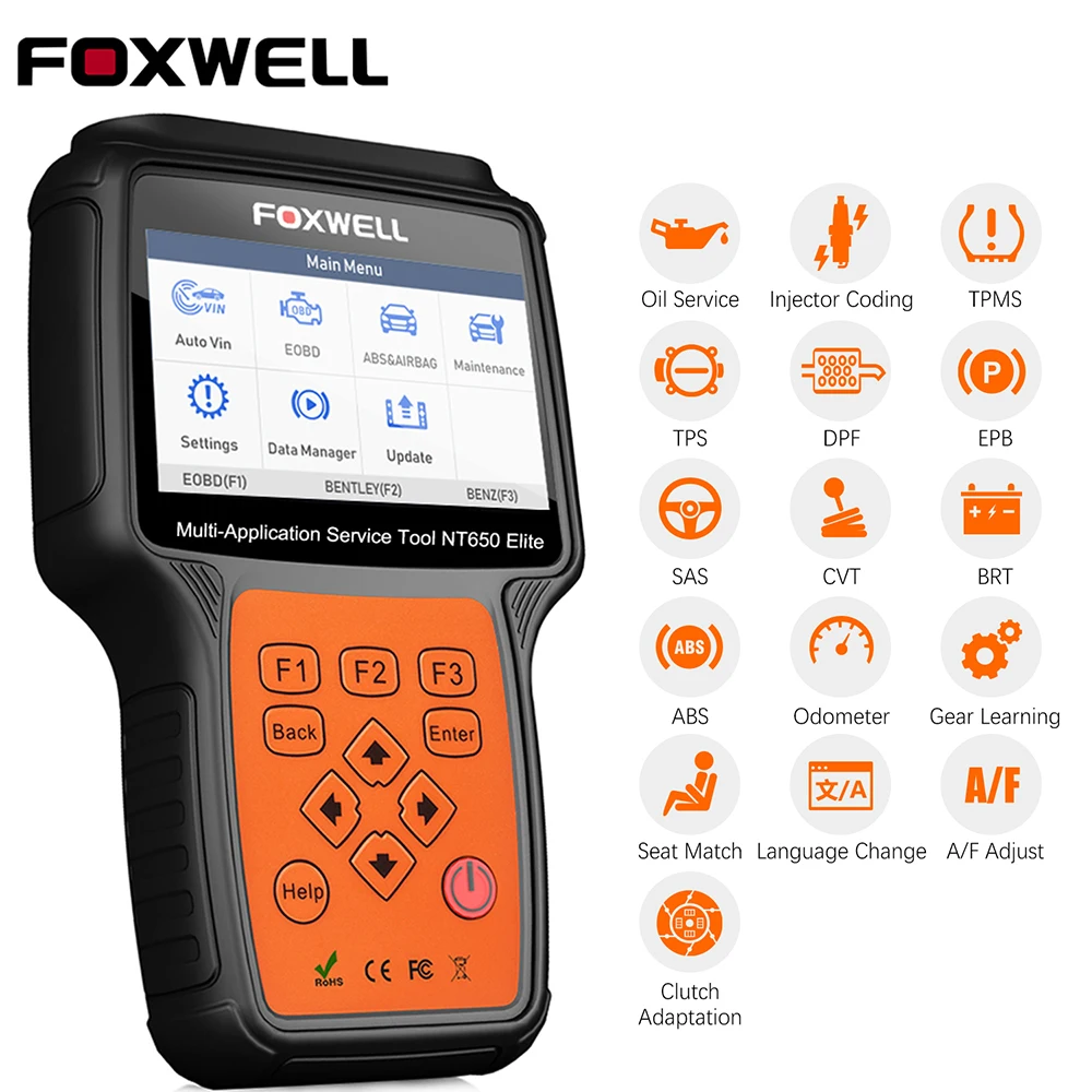 FOXWELL NT650 Elite OBD2 автомобильный диагностический инструмент ABS SRS подушка безопасности SAS EPB масляный сервис DPF TPMS сброс специальная функция OBDII сканер