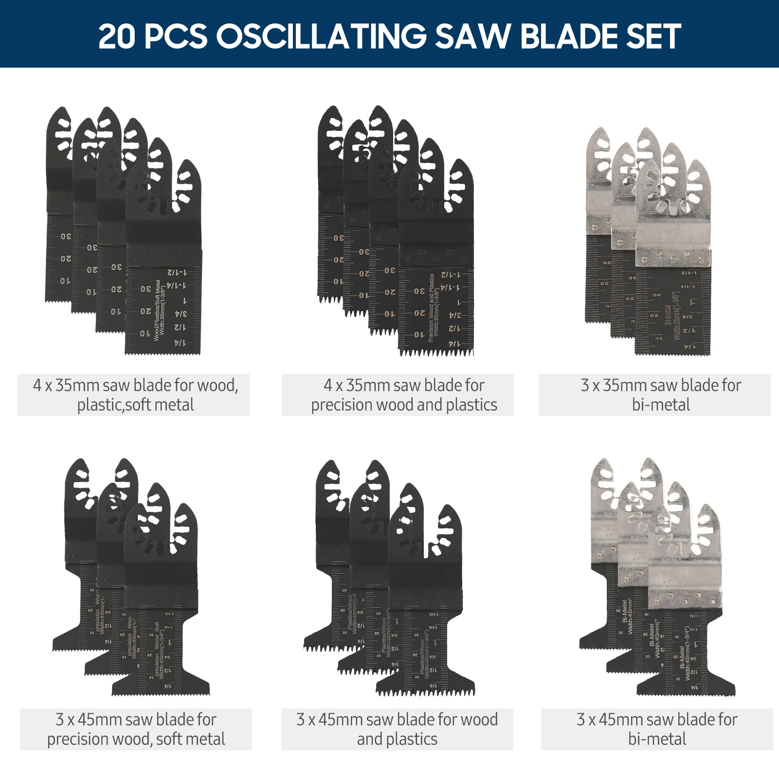 

20 PCS Oscillating Saw Blade Set for Wood Metal Plastic Precisely Cutting Oscillating Multi Tool Quick Release Saw Blades