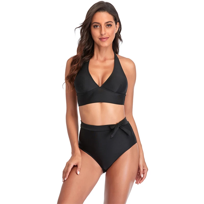 

Сексуальные бикини, однотонные купальники, женский купальник-бандо с лямкой на шее, лето 2022, Женский комплект бикини с высокой талией, пляжн...