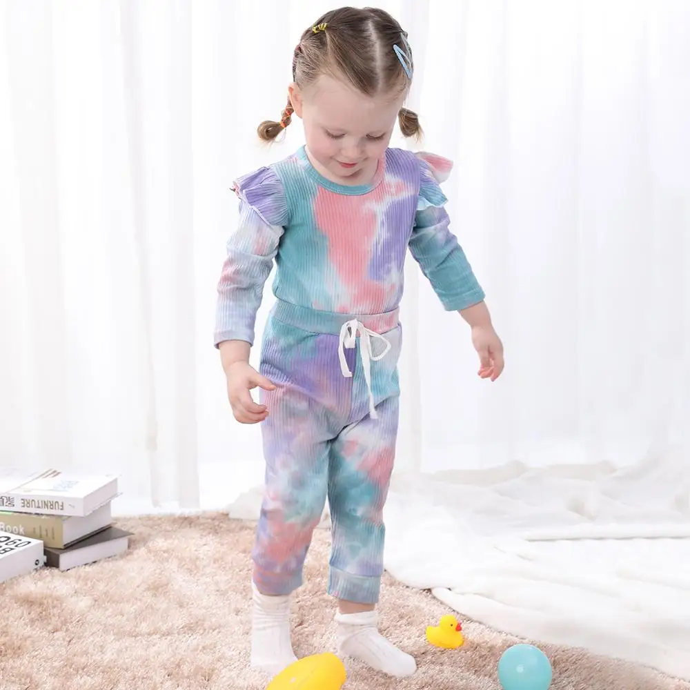 

Newborn Infant Baby Girl Tie-Dye Pant Set Long Sleeve Ruffle Romper+Pants Kids Fall Clothing 2pcs Outfits Sleepwear Pyjamas