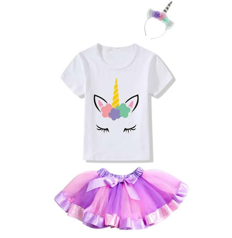 Модные футболки с единорогом для маленьких девочек + Радужная юбка повязка волос