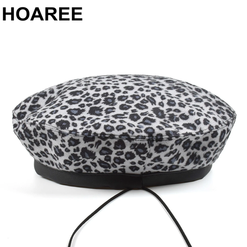 

HOAREE Leopard Berets Print Women Autumn Winter Hat Woolen French Beret Hat Vintage Korean Painter Adjustable Brand Berets Caps
