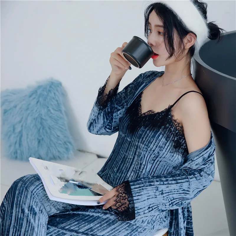 Женский сексуальный пижамный комплект зима-осень однотонный бархатный длинный