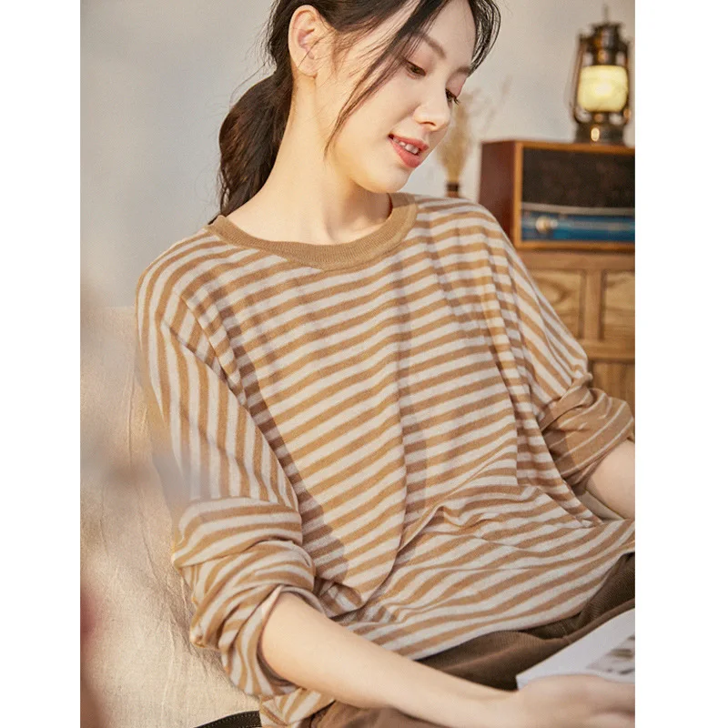 

Gjcp stripe stitching woolen sweater 2020 autumn new loose bat sleeve round neck sweater for women