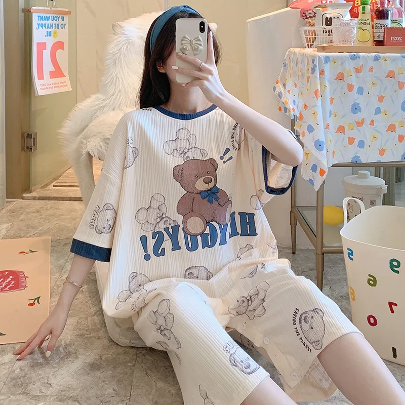 Cute Cartoons Onesies Costume For Women Sleepwear Short Sleevee Cotton Animal Pajamas Set Nightdress