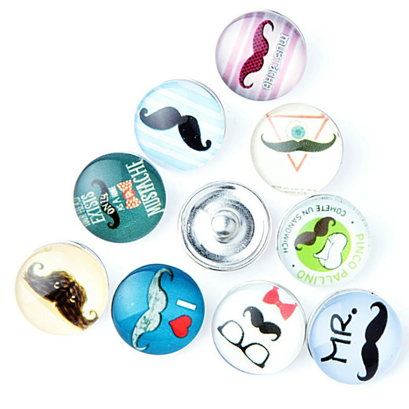 

12 pcs/lot Assorted Glass Dome Cabochon Beard Moustache 18mm Snap Buttons Metal Bracelet Jewelry Findings