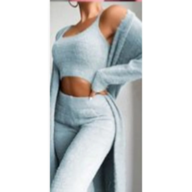 Осенние женские брюки-тройки однотонный вязаный короткий кардиган на подтяжках