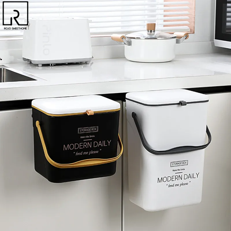 

White Wastebins with Handle Plastic Containers Garbage Can Hanging Basket Wall Mount Room Trash Buckets Home Kitchen Trash Bins