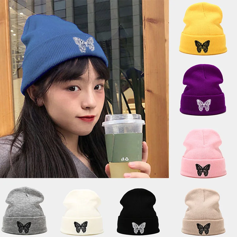 

DT093 Fashion Knitted Beanies Hat Butterfly Embroidery Winter Warm Ski Hats Skullies Caps Soft Elastic Cap Bonnet Men Women