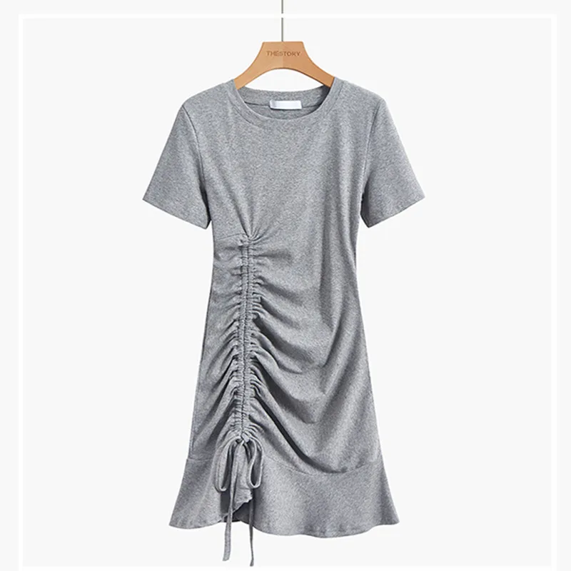 

Summer Women's Dress 2021 Drawstring Short Sleeve T-Shirt Wrap Dress Ladies Party Casual Skirt Y2k Korean Vintage Bodycon Dress