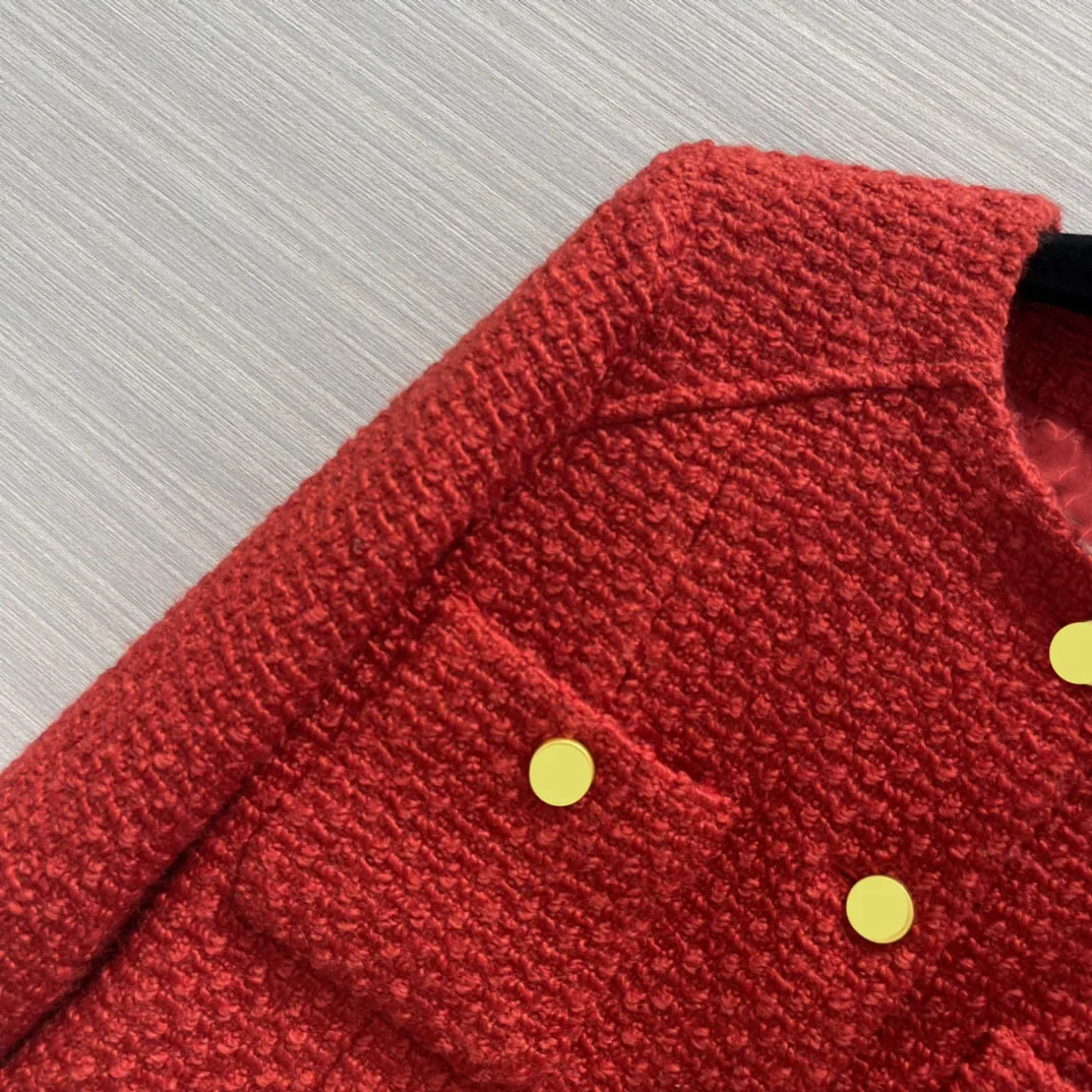 

Женское твидовое однобортное пальто, красные приталенные куртки, высококачественное пальто из 76%-ной шерсти с объемным вырезом и круглым вы...