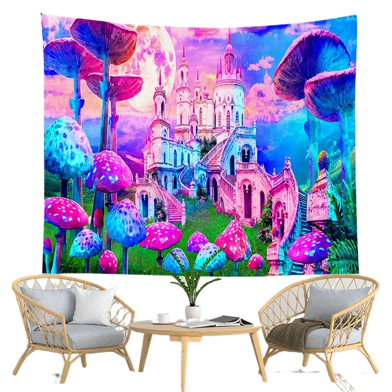 

Decoration Cloth Colorful Mushroom Castle Printing Hanging Room Layout Background Wall Net Red Bedside Tapestry