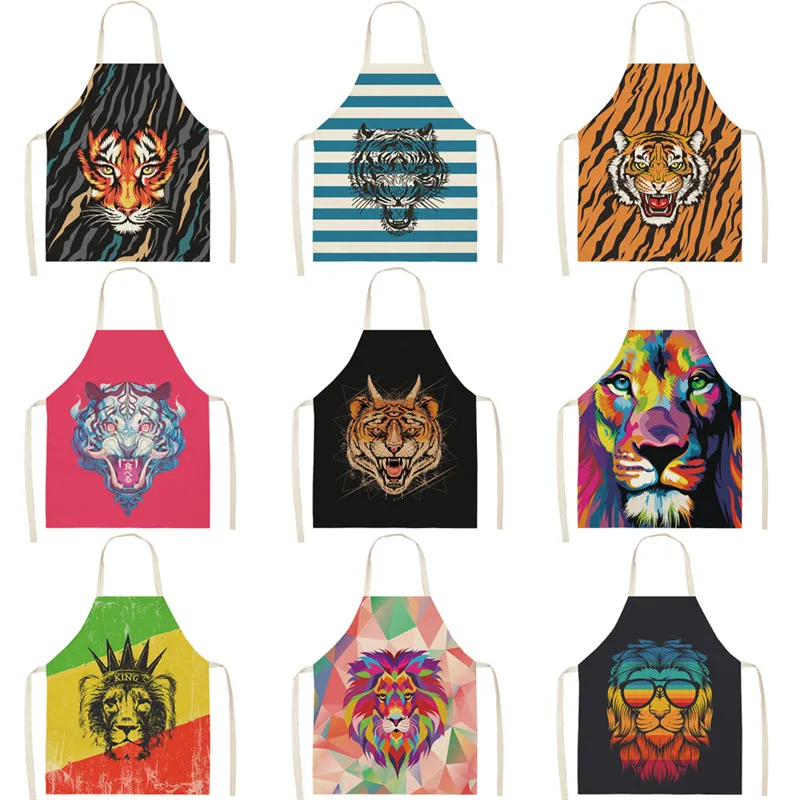 

Parent-child Kitchen Apron Lion Tiger Printed Sleeveless Cotton Linen Cartoon Aprons for Men Women Home Cleaning Tools